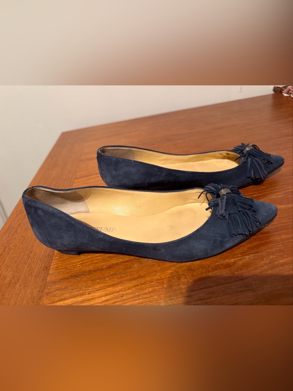 Women’s Flats Suede Tassles Pointed Toe Navy Rubber Sole Size 6.5M Ivanka Trump